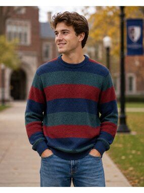 Retro Gap 2015 Herringbone Lambswool Sweater Striped Classic Size Large Men's